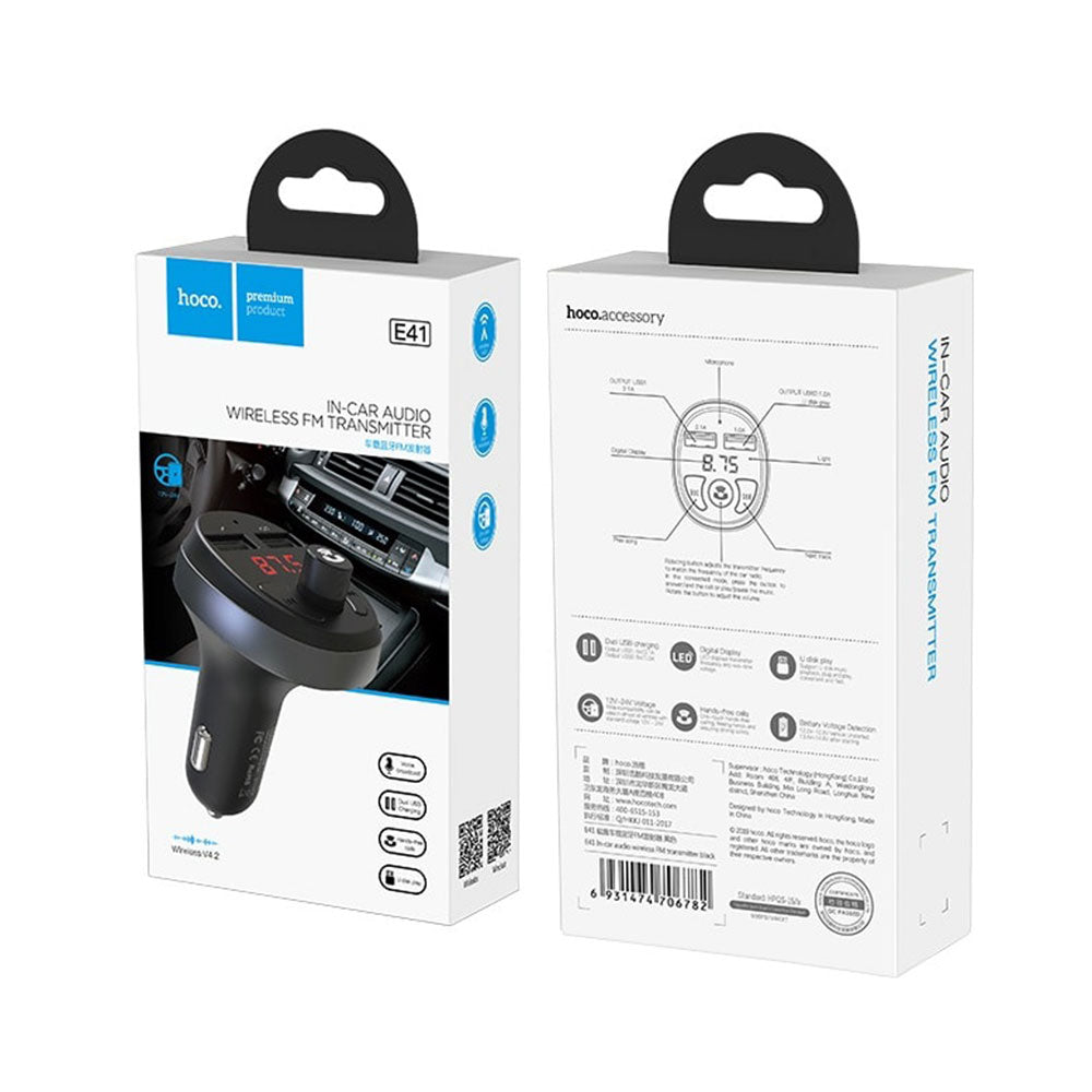 Cargador de auto Transmisor FM USB Hoco E41 2 Puertos Negro