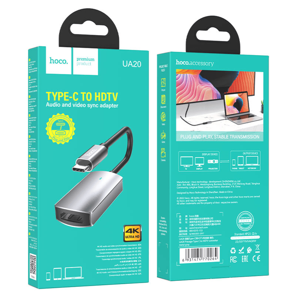 Adaptador Convertidor Type-C to HDMI en 4K Hoco UA20 Gris