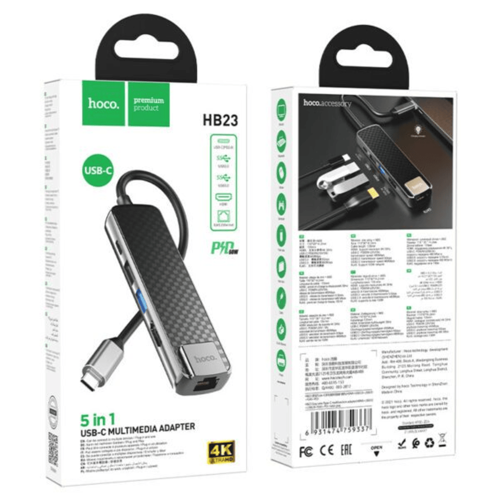 Adaptador multimedia Type-C Hoco HB23 5 en 1 Gris