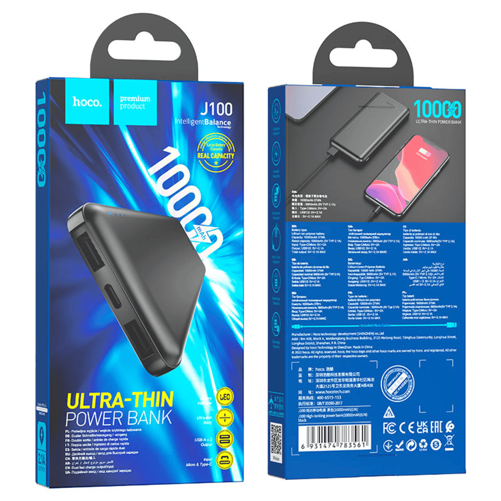 Power Bank 10000mAh Hoco J100 Ultra Delgado con LED Negro